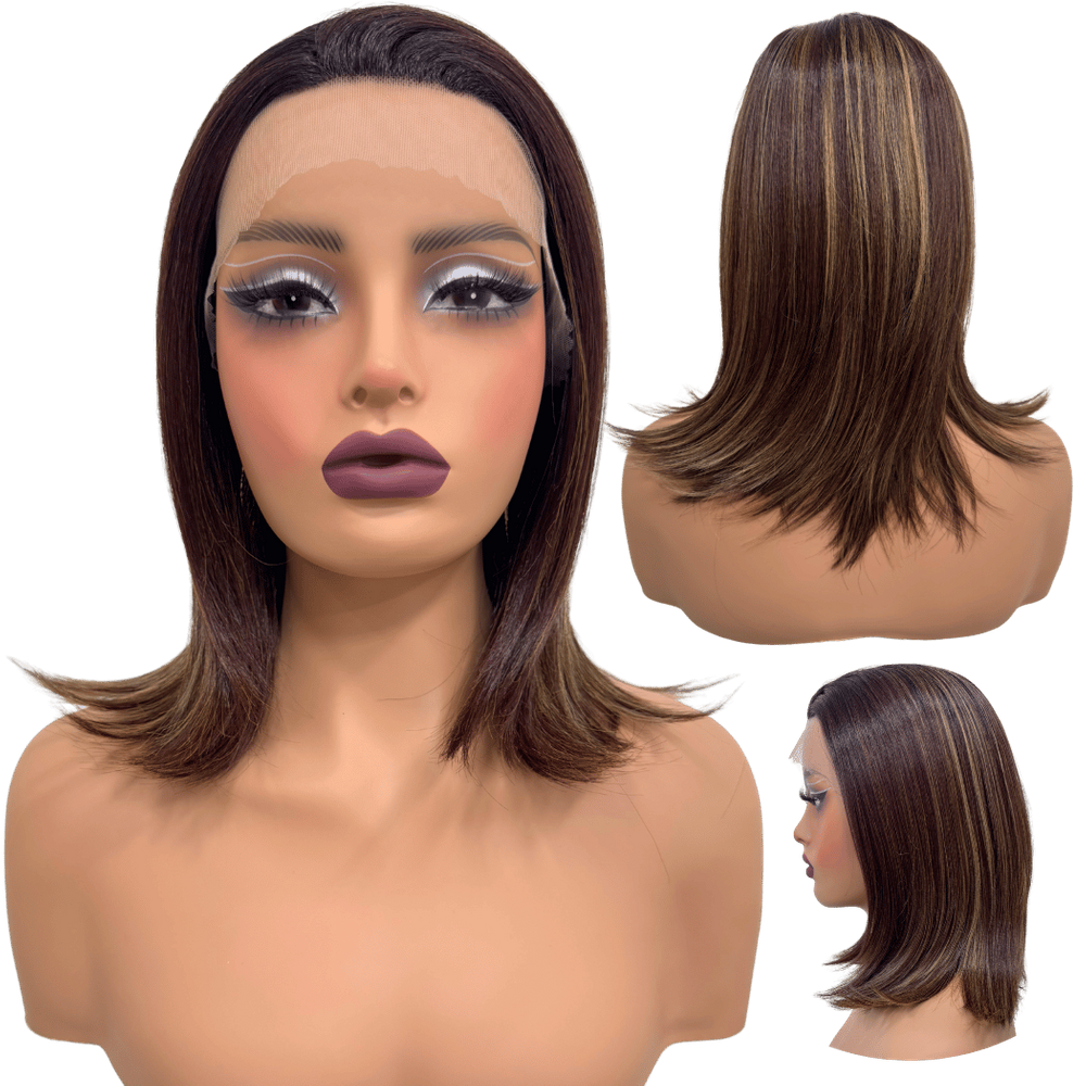 Peruca front lace media curta 13x1 castanho luzes R4/33/27
