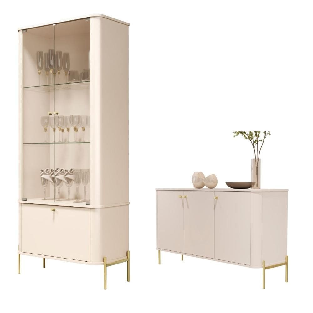 Conjunto Buffet e Cristaleira Rouxinol Off White Dourado