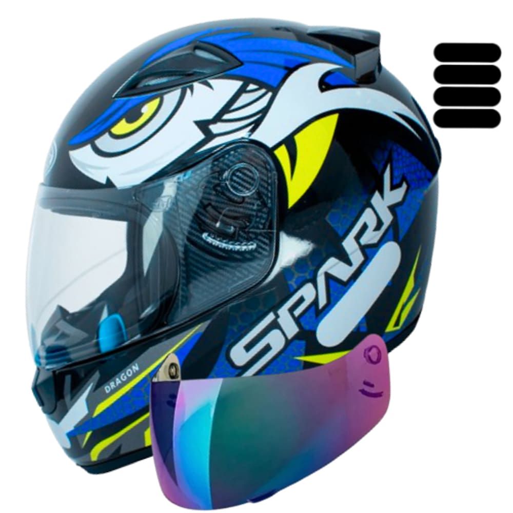 Capacete Ebf Spark Dragon Azul Fechado Com Viseira Camaleão e Adesivo Extra