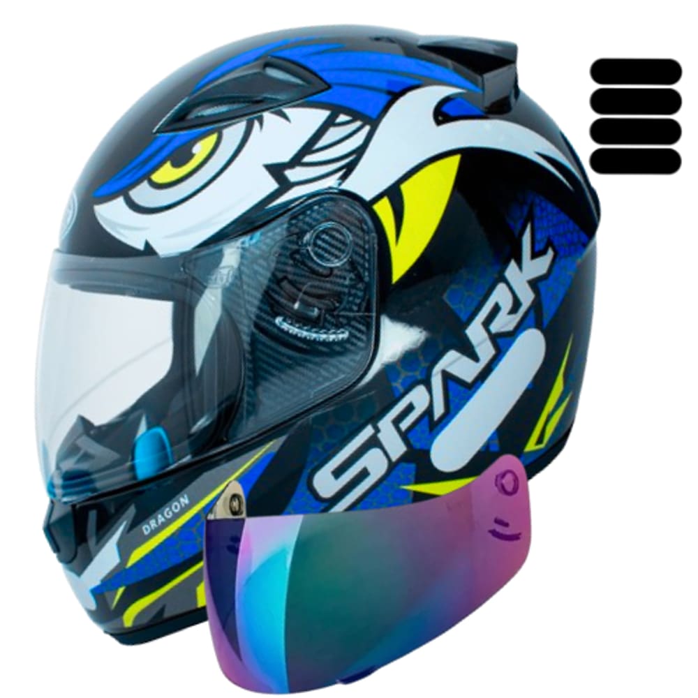 Capacete Ebf Spark Dragon Azul Fechado Com Viseira Camaleão e Adesivo Extra