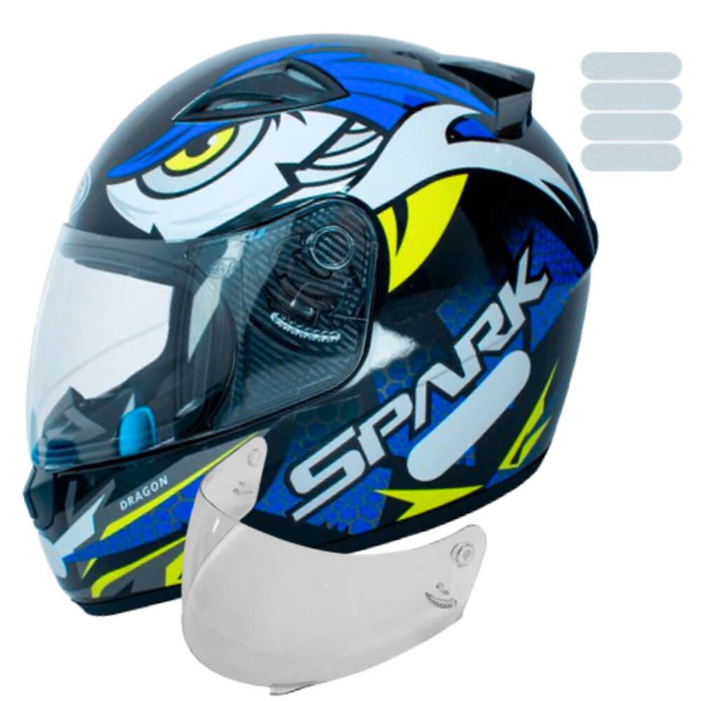 Capacete Masculino Moto Ebf Dragon Azul Com Viseira Cristal e Adesivo Extra