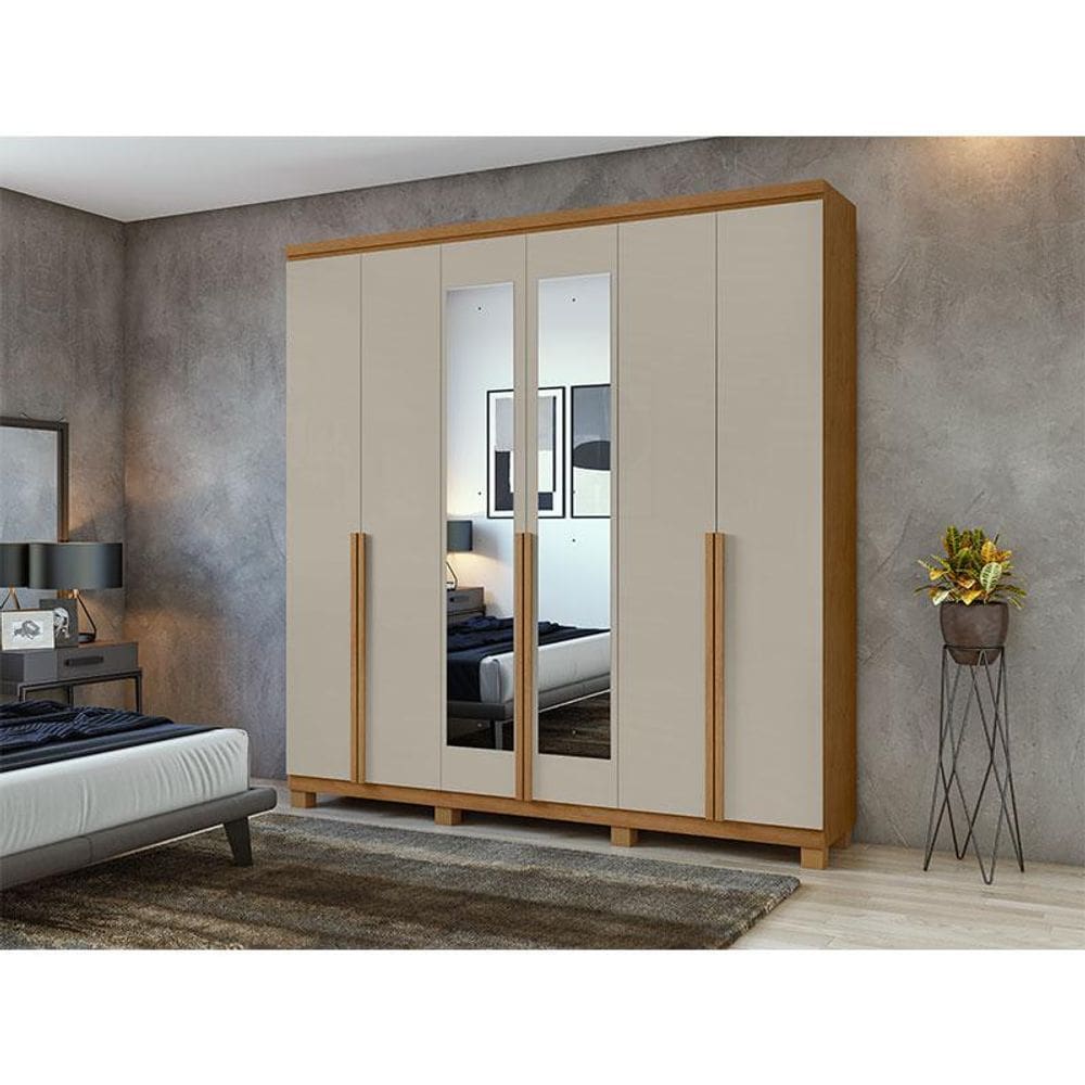 Guarda Roupa Casal Ambiente Alonzo 6 Portas Amêndoa Clean Off White com Espelho e Pés - Lopas