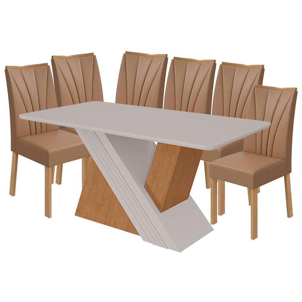 Mesa de Jantar Venus 170 cm Amêndoa Clean Off White com 6 Cadeiras Apogeu Caramelo Amêndoa Clean - Lopas