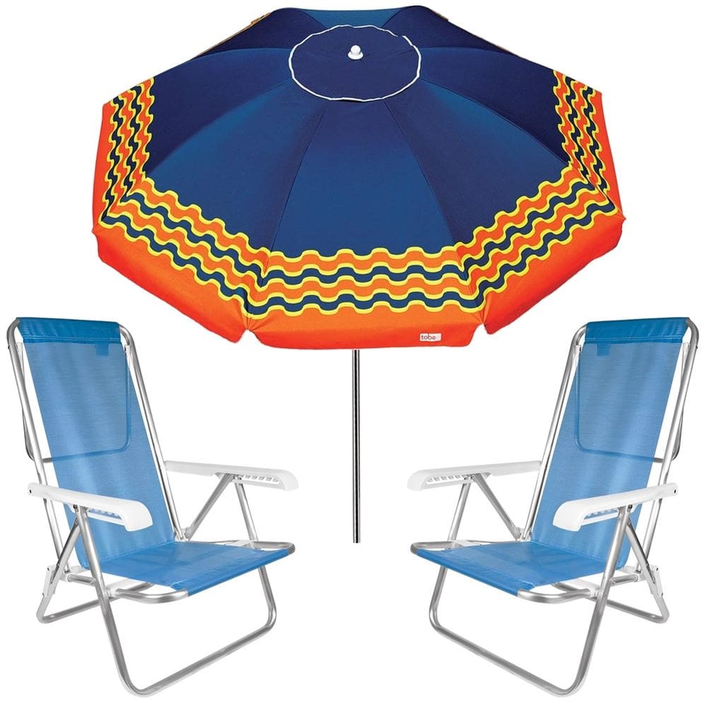 Kit Guarda Sol 2,5m Articulado Ibiza Azul Marinho 2 Cadeira 8 Posições Alumínio Sannet Praia Piscina Camping - Tobee