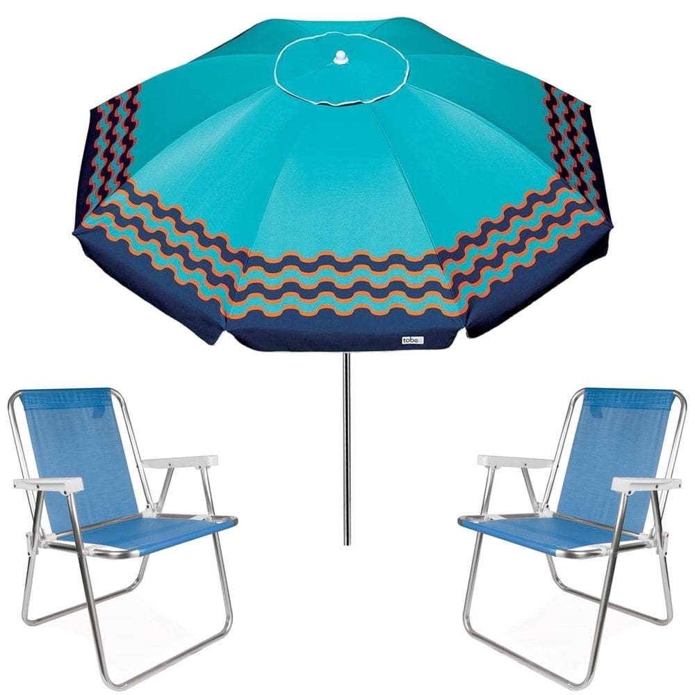 Kit Guarda Sol 2,5m Articulado Ibiza Turquesa 2 Cadeira Alta Alumínio Sannet Praia Piscina Camping - Tobee