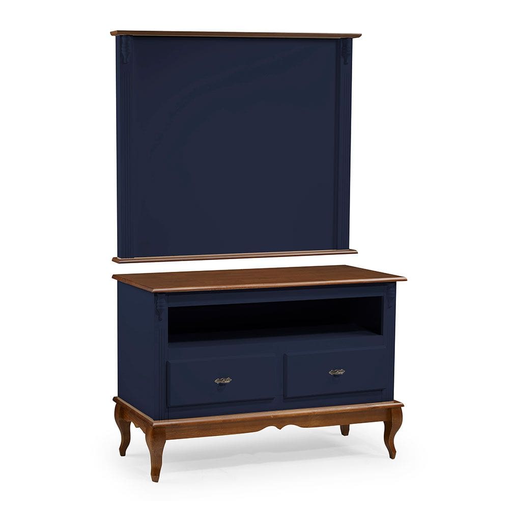Rack com Painel para Sala 120cm Pés Luis XV 2 Gavetas e Nicho Linz Móveis - Azul Petróleo/Imbuia Glazer