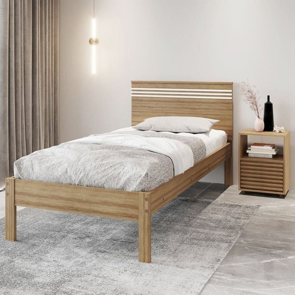 Conjunto Cama Solteiro com 1 Mesa de Cabeceira Amendoa