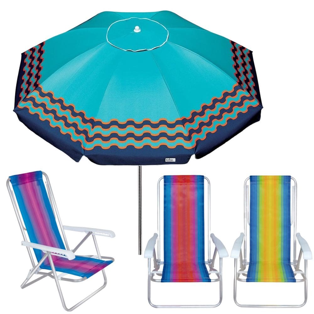 Kit Guarda Sol 2,5m Articulado Ibiza Turquesa 3 Cadeira 8 Posições Alumínio Praia Piscina Camping - Tobee