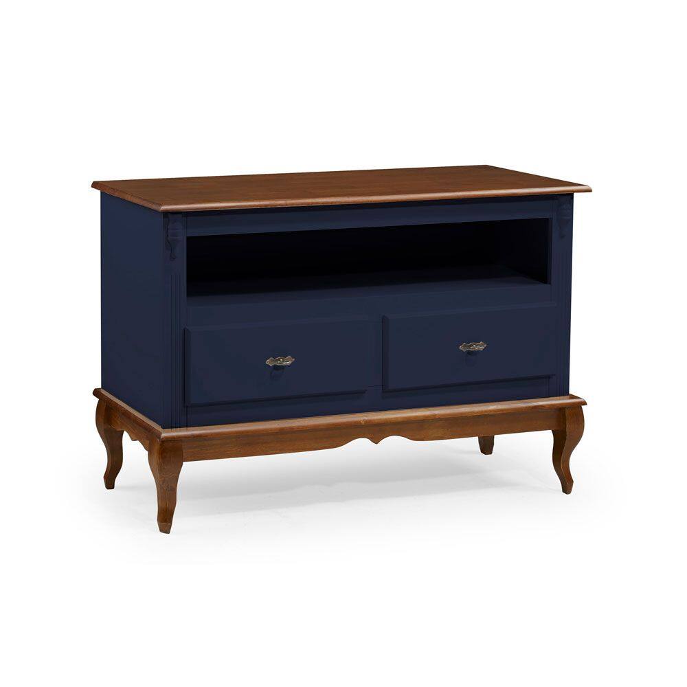 Rack para Sala com Pés Luis XV 2 Gavetas e Nicho 60502 Linz Móveis - Azul Petróleo/Imbuia Glazer