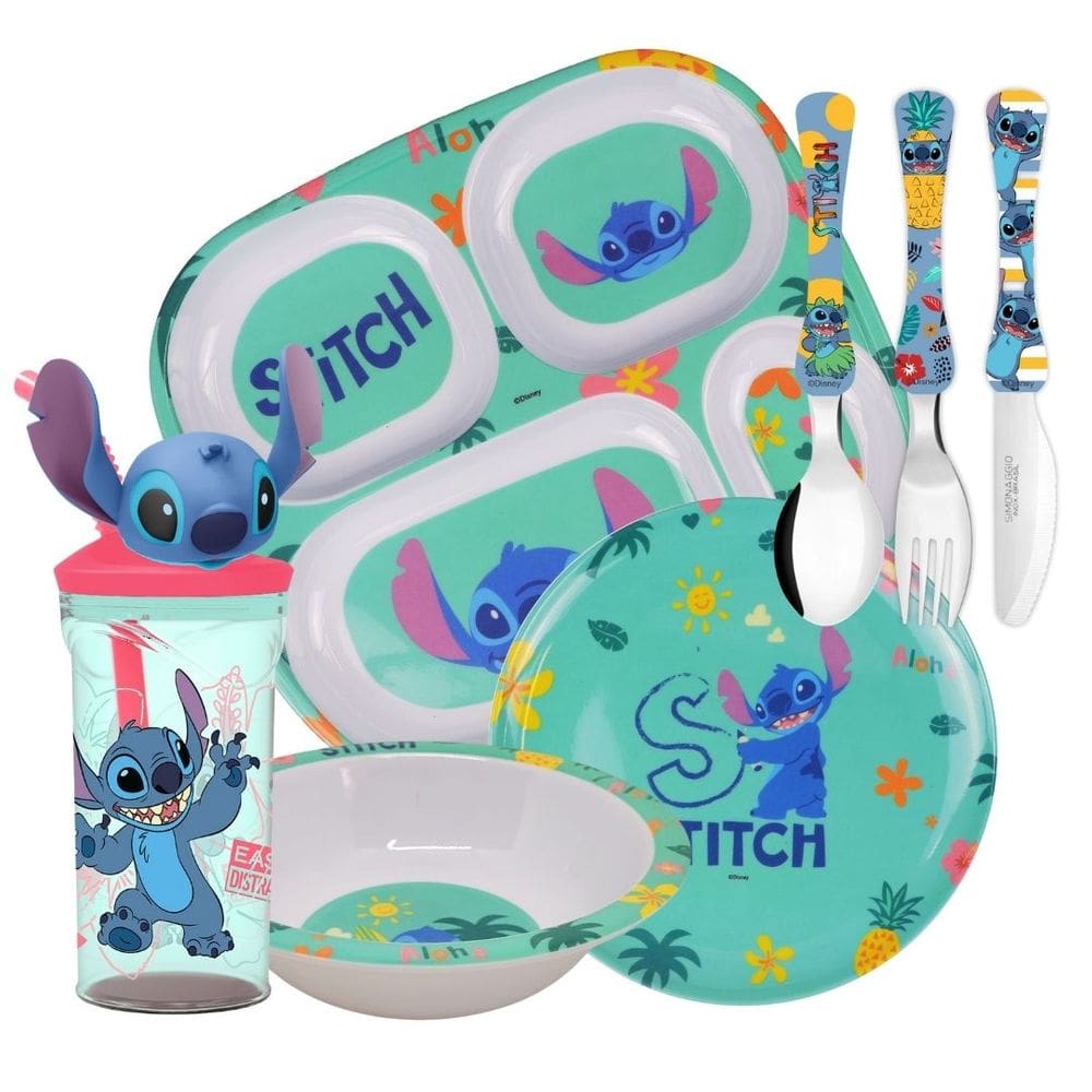 Jogo Refeição Infantil Melamina Stitch Disney 7 Peças Incluso Copo 3D - Tuut