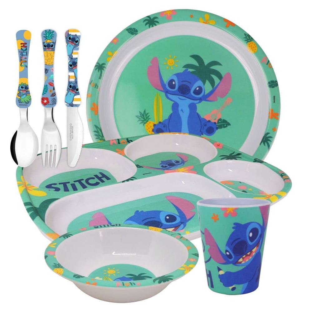 Conjunto Refeição Infantil Melamina Stitch Disney 7 Peças Incluso Talheres Inox - Tuut