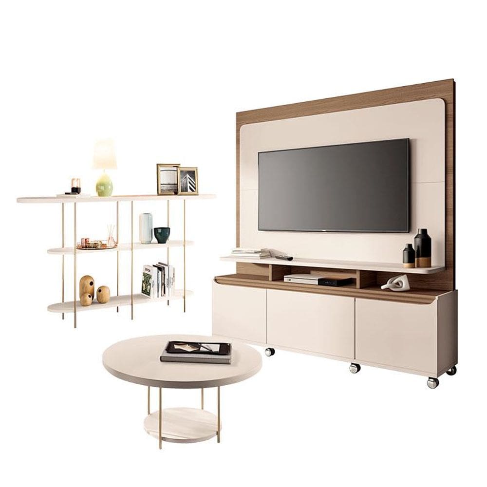 Estante Home Theater Quantum Off White Castanho e Aparador Infinity e Mesa de Centro Sky Off White - HB Móveis