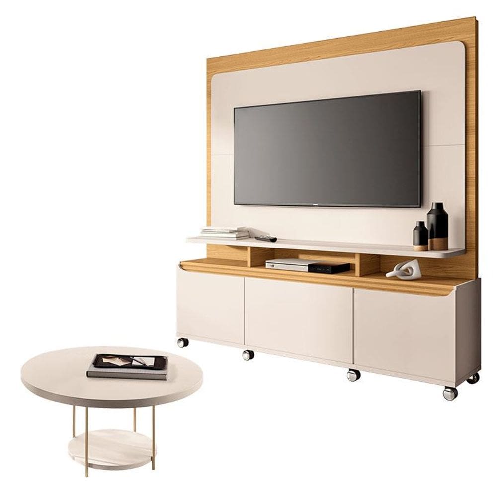 Estante Home Theater Quantum Off White Cinamomo e Mesa de Centro Sky Off White - HB Móveis