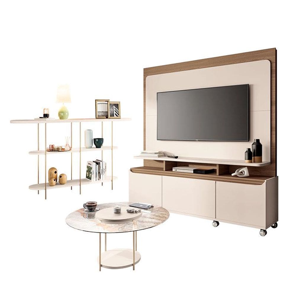 Estante Home Theater Quantum Off White Castanho e Aparador Infinity e Mesa de Centro Sky com Tampo de Vidro Off White - HB Móveis