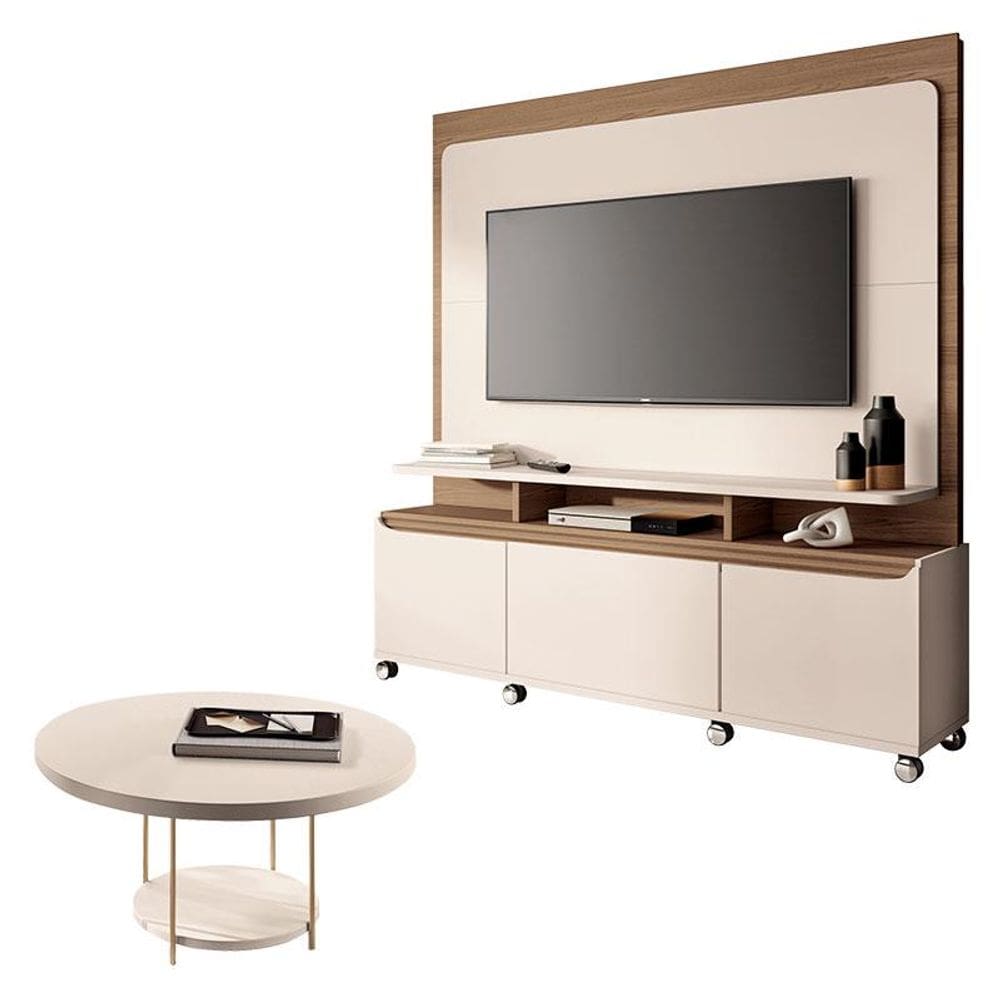 Estante Home Theater Quantum Off White Castanho e Mesa de Centro Sky Off White - HB Móveis
