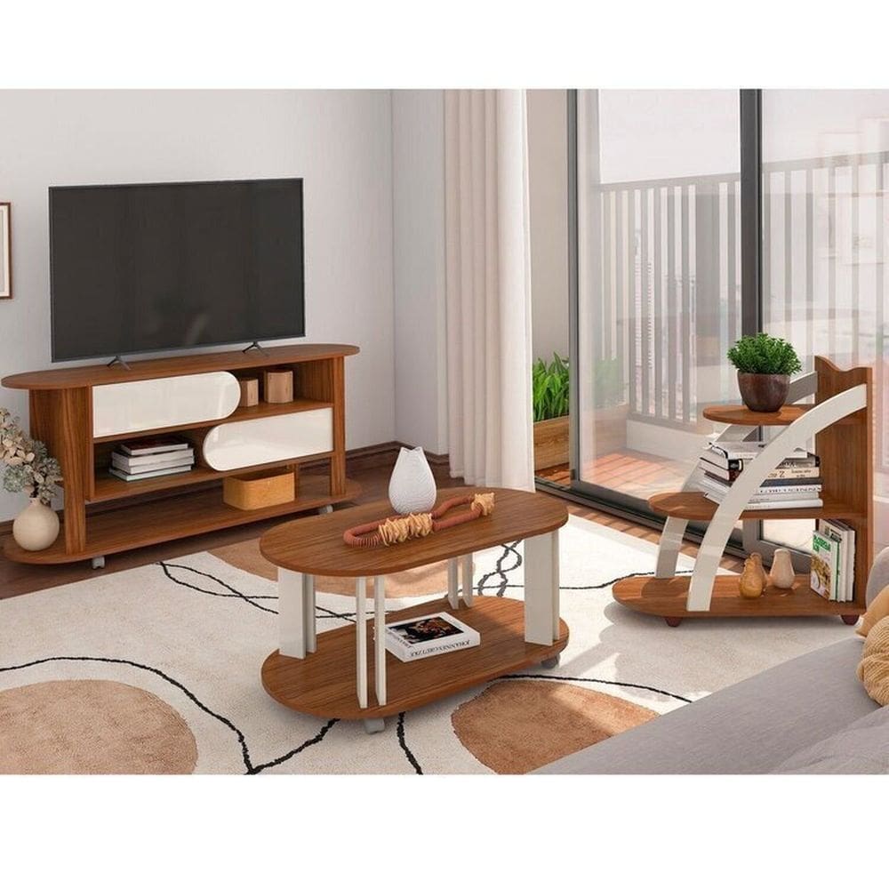 Kit para Sala de Estar com Rack e Mesa de Centro e Mesa de Apoio Mundi Cedro/Off White