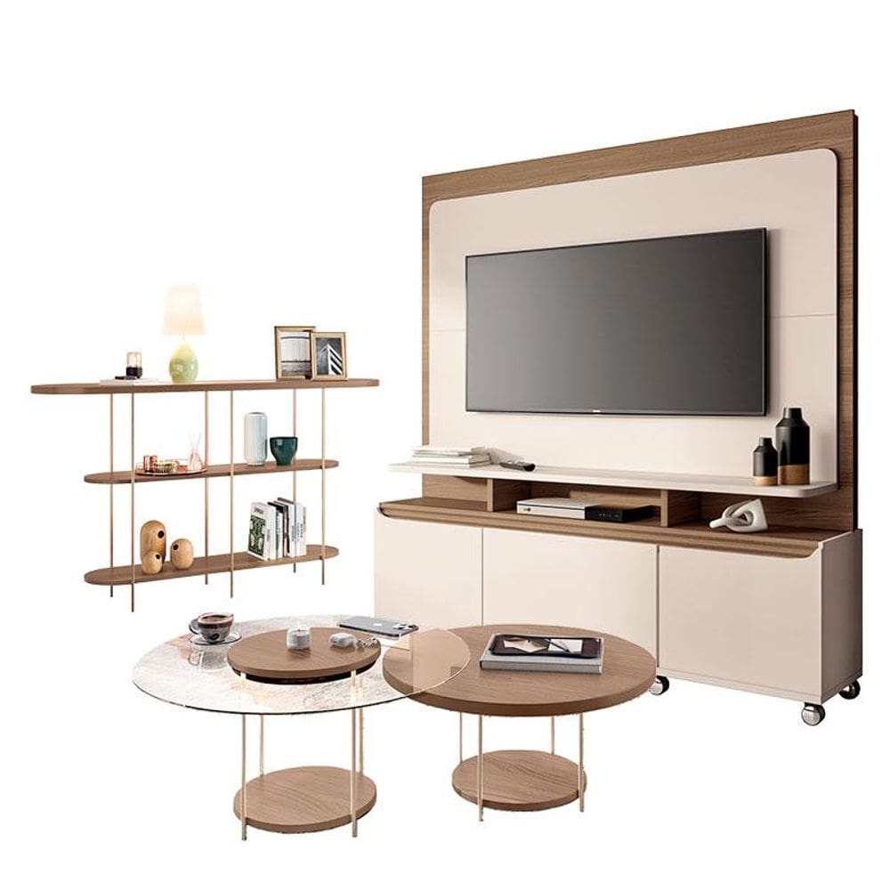 Estante Home Theater Quantum e Aparador Infinity e Kit Mesa de Centro Sky Off White Castanho– HB Móveis