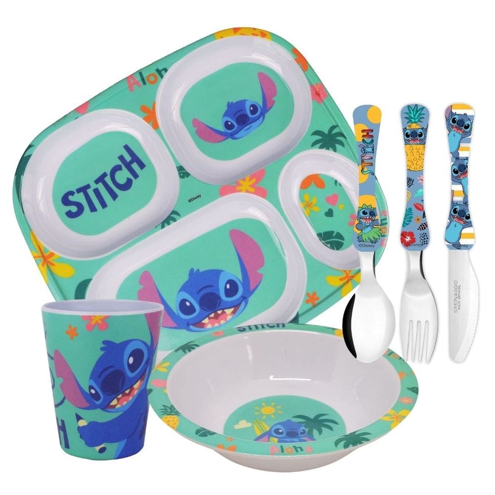Kit Refeição Infantil Melamina Stitch Disney Pratos, Tigela, Copo e Talheres- Tuut