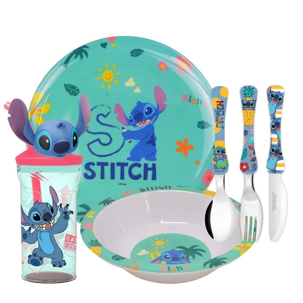 Kit Refeição Infantil Melamina Stitch Disney 6 Peças Incluso Copo Com Canudo 3D - Tuut