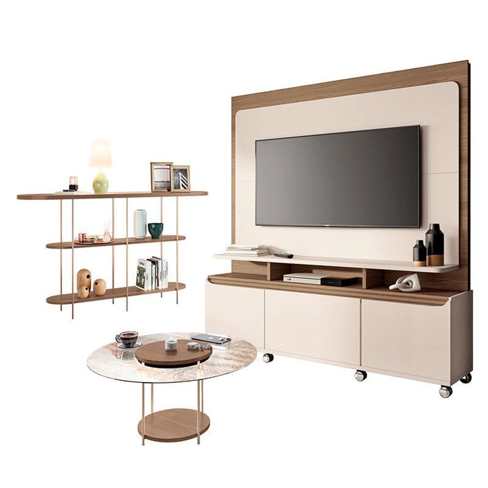 Estante Home Theater Quantum e Aparador Infinity e Mesa de Centro Sky com Tampo de Vidro Off White Castanho– HB Móveis