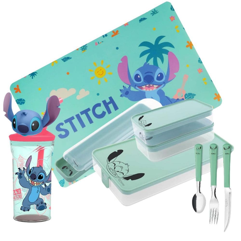 Conjunto Refeição Infantil Stitch Disney 9 Peças Estojo, Potes, Talheres, Copo 3D e Jogo Americano
