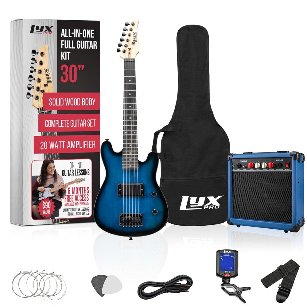 Guitarra elétrica LyxPro de 30 polegadas com kit inicial para crianças azul