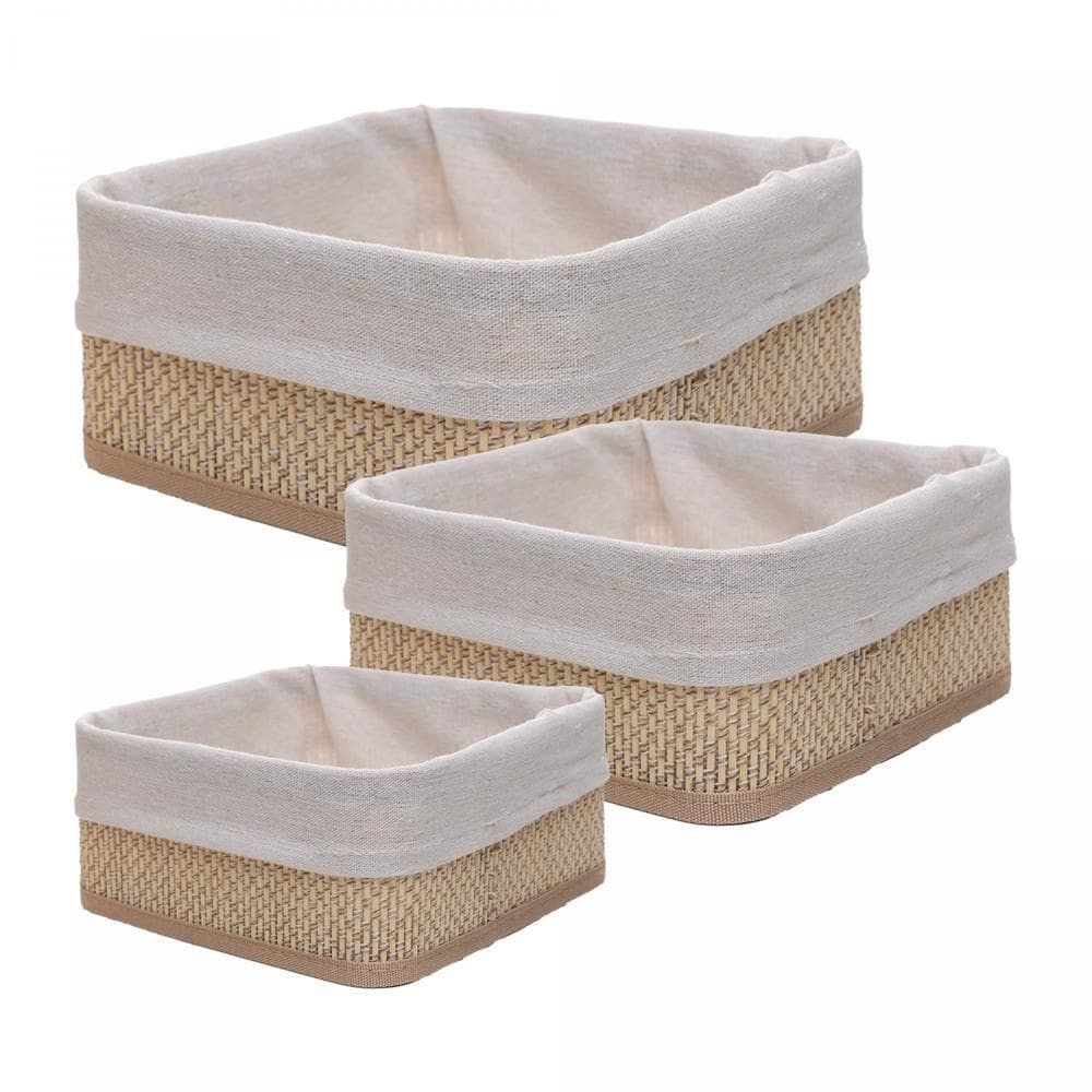 Jogo 3 Cestas Quadradas com Forro em Tecido Cozy Bambu