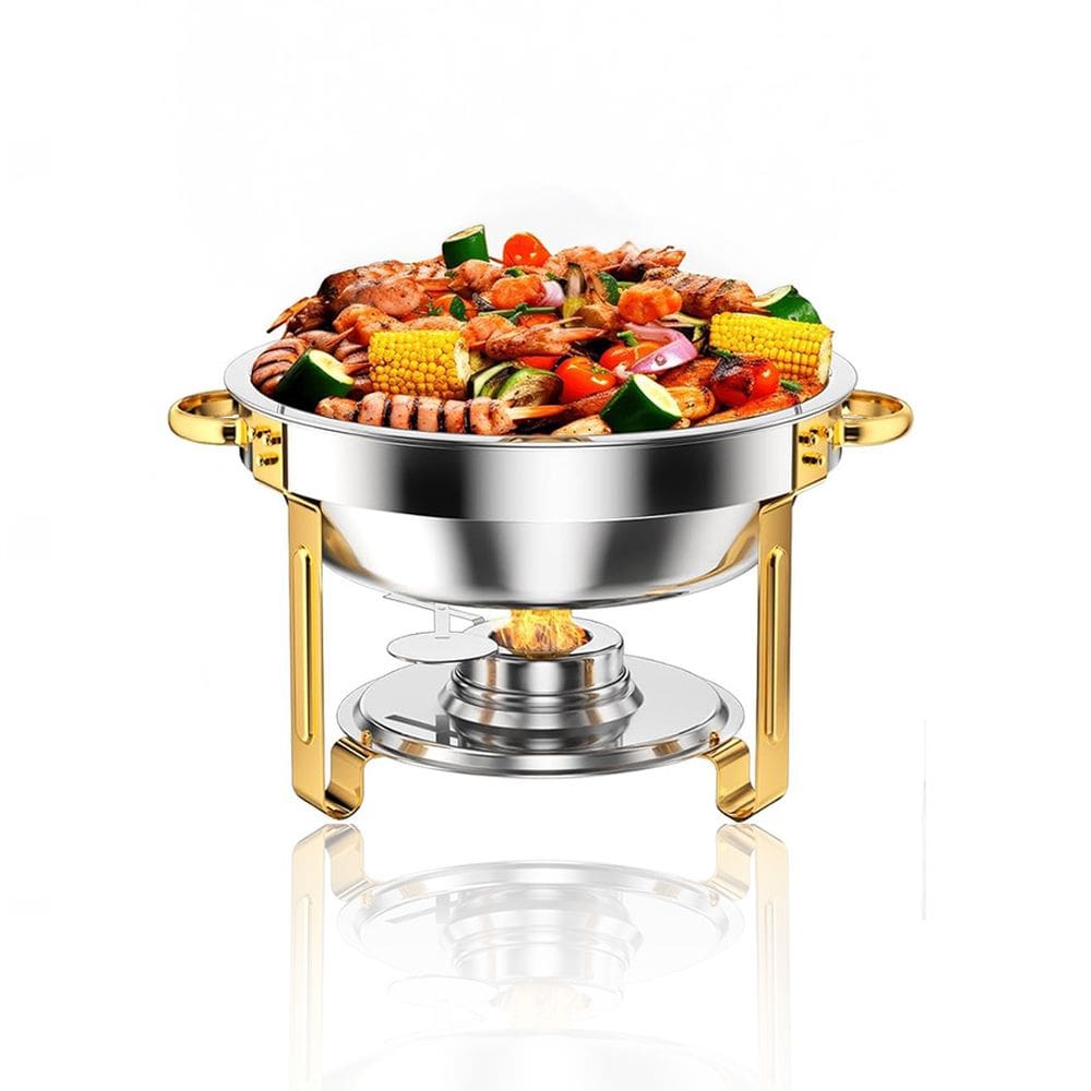 Rechaud Dourado RM Redondo em Aço Inox Banho Maria com Fogareiro 5 L Buffet