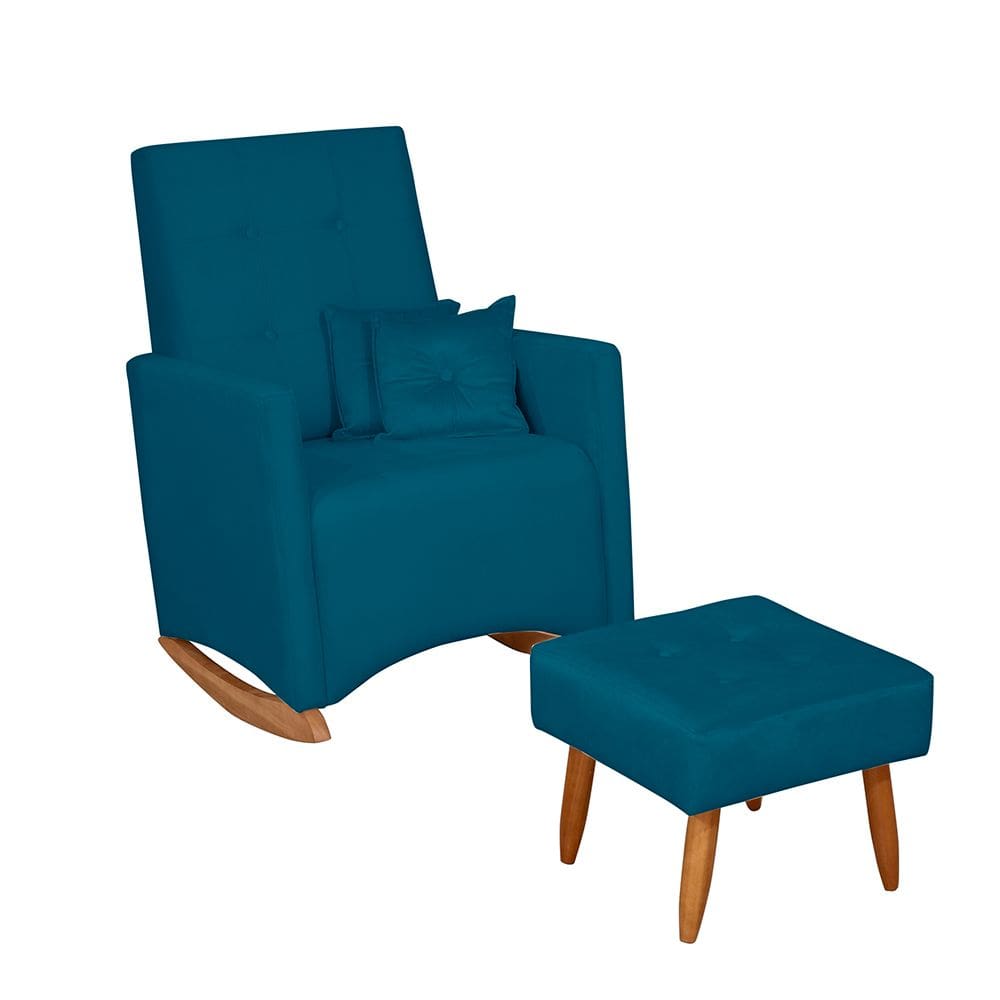 Poltrona de Amamentação com Balanço e Puff Lizzi Veludo Azul F06 - D`Rossi