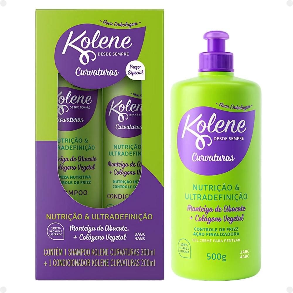 Kit Kolene Curvaturas Nutrição e Ultradefinição: Shampoo 300ml e Condicionador 200ml + Gel Creme para Pentear 500g