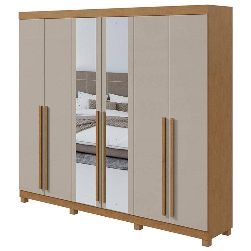 Guarda Roupa Casal Bertha 6 Portas Amêndoa Clean Off White com Pés e Espelho - Lopas