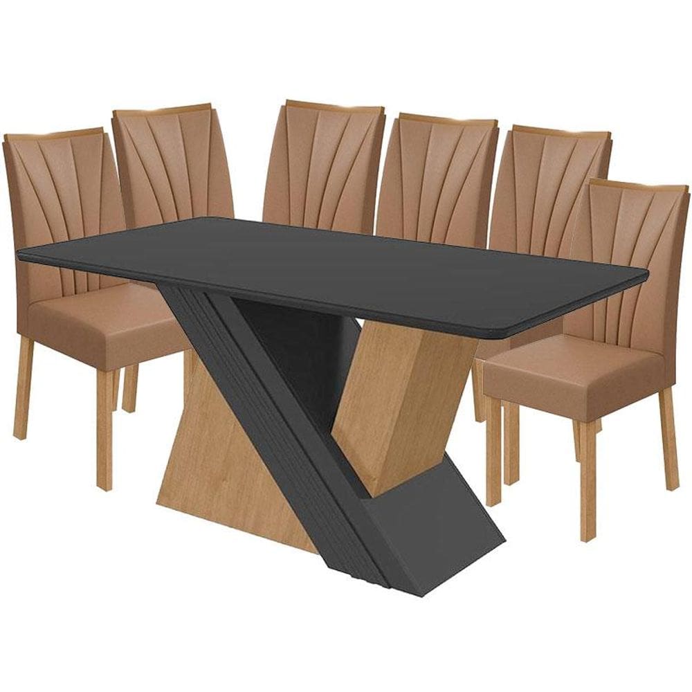 Mesa de Jantar Venus 170 cm Amêndoa Clean Preto Fosco com 6 Cadeiras Apogeu Caramelo Amêndoa Clean – Lopas