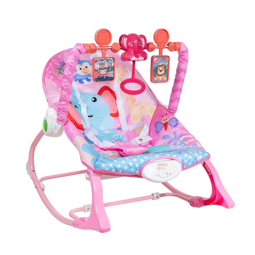 Cadeira de Descanso Bebê Balanço Rosa até 18kg Suave Vibração Relaxante Cinto de Segurança Mobile Barra de Brinquedos Interativa