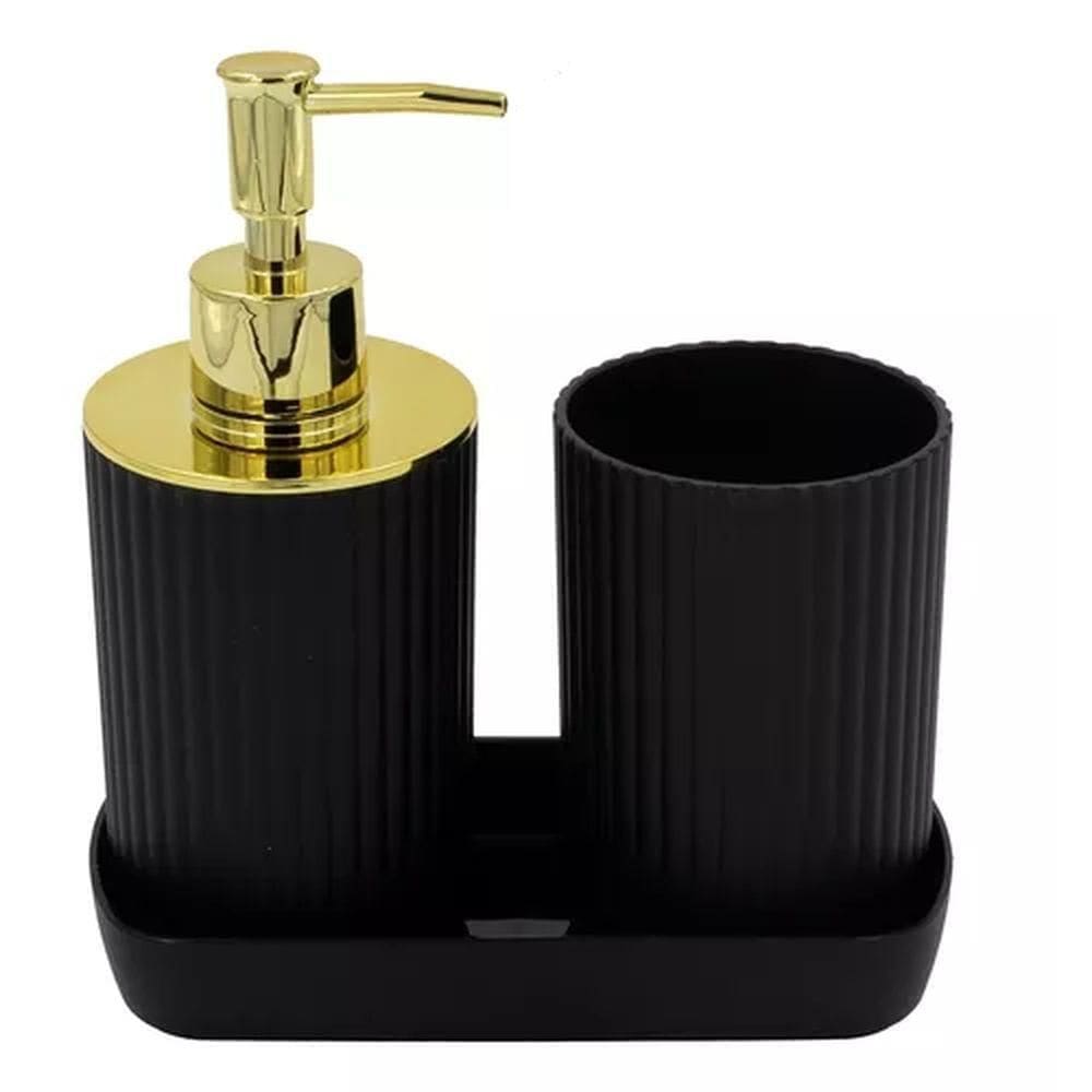Kit Banheiro 3 Pçs Saboneteira/Copo/Bandeja Preto - Quanhe