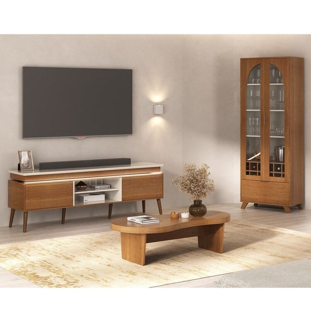 Conjunto Rack e Cristaleira e Mesa de Centro Murano Cinamomo/Off White