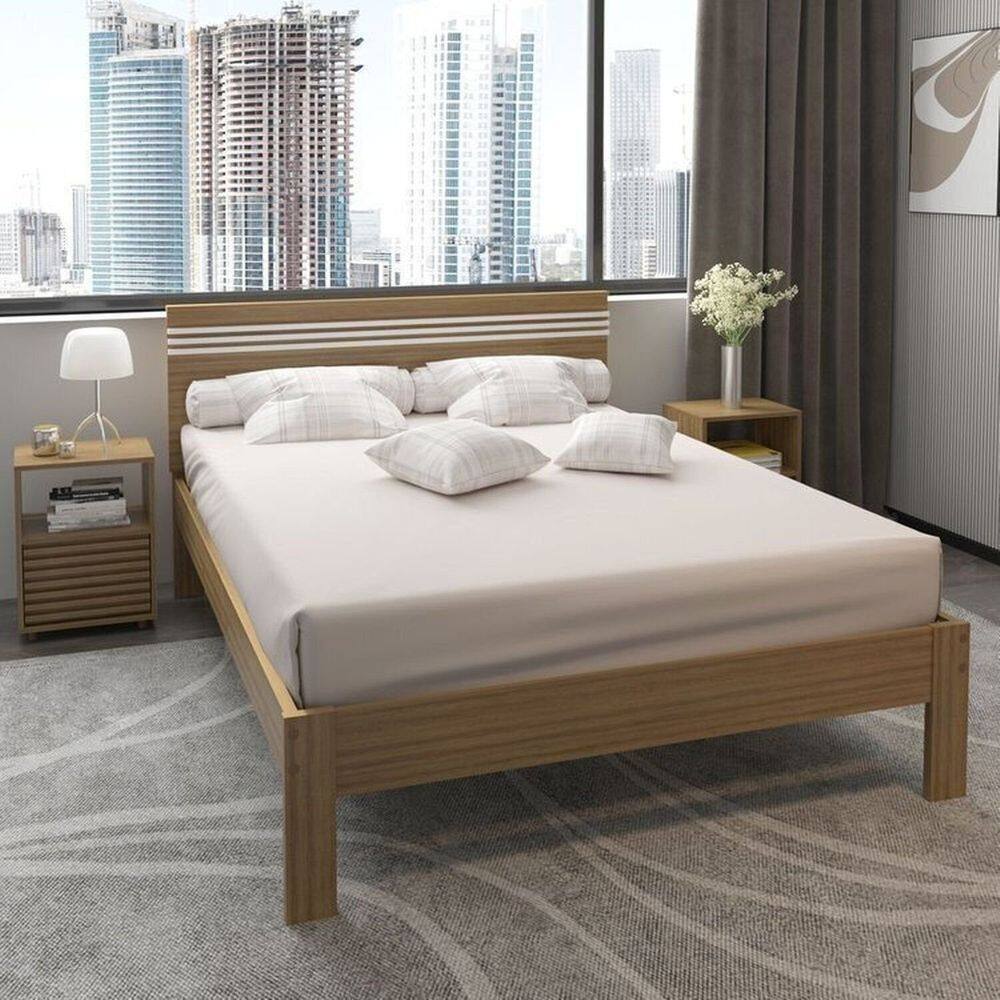 Conjunto Cama Casal com 2 Mesas de Cabeceira Amendoa