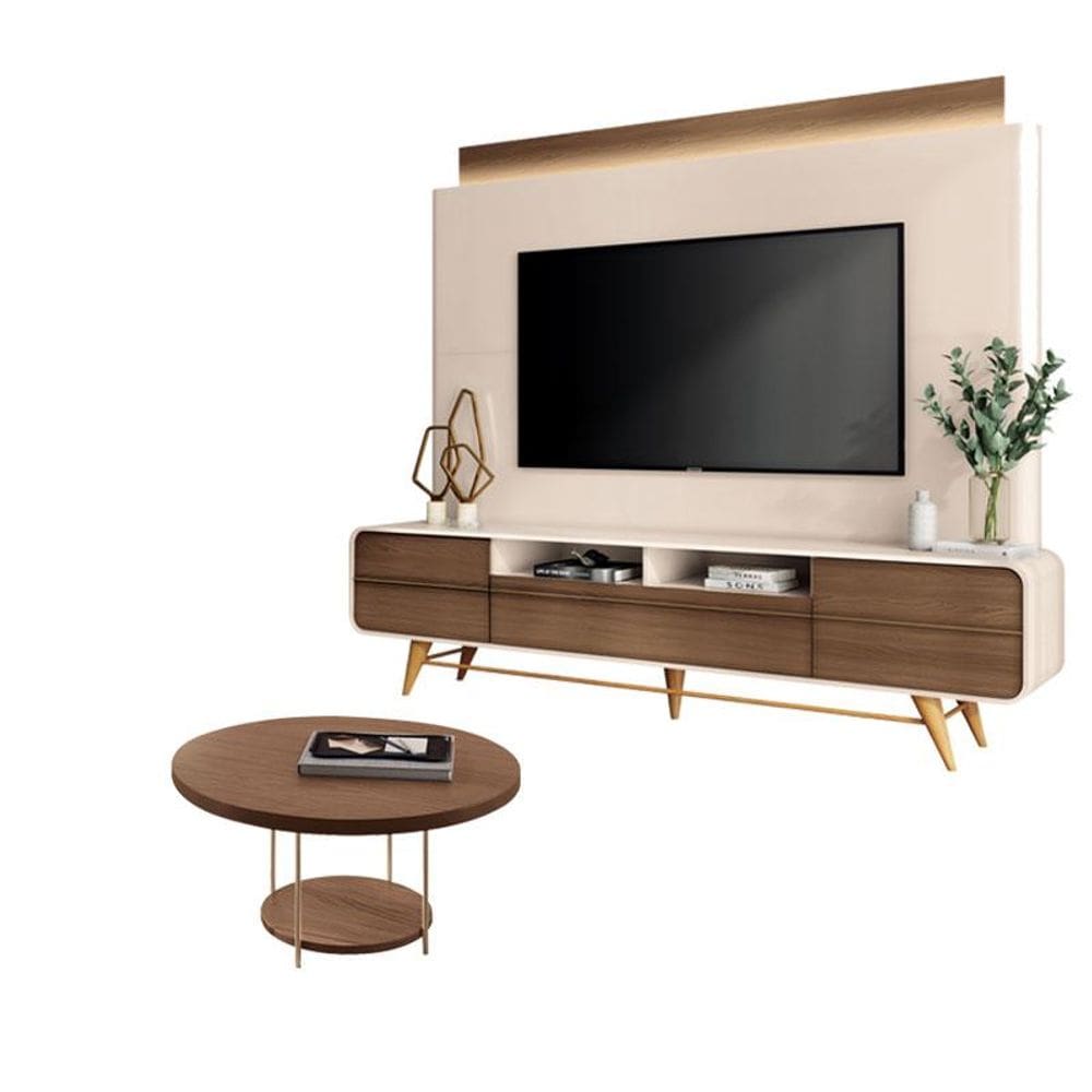 Estante Home Theater Nobre Off White Castanho e Mesa de Centro Sky Castanho - HB Móveis