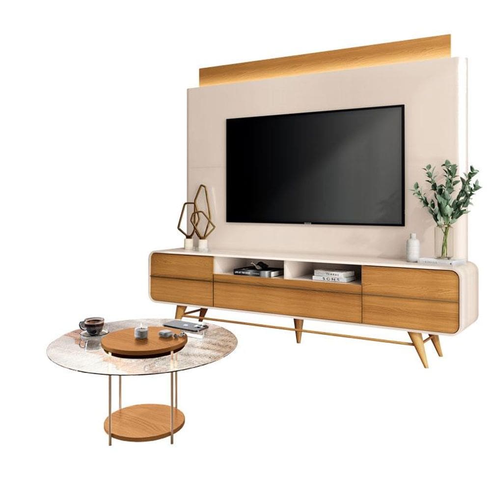Estante Home Theater Nobre Off White Cinamomo e Mesa de Centro Sky com Tampo de Vidro Cinamomo - HB Móveis