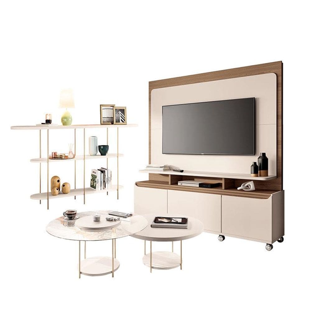 Estante Home Theater Quantum Off White Castanho e Aparador Infinity Off White e Kit Mesa de Centro Sky Off White - HB Móveis