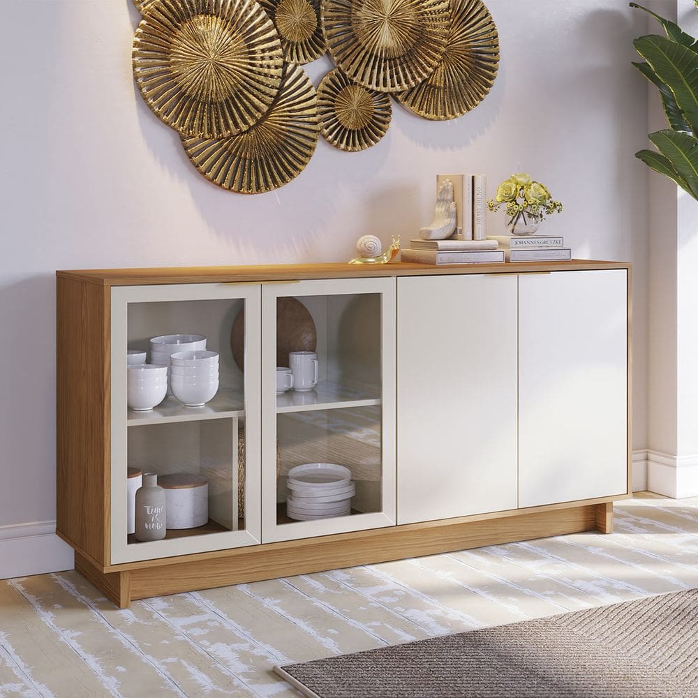 Buffet Aparador com Porta de Vidro 160x83cm Vitória Freijó Off White