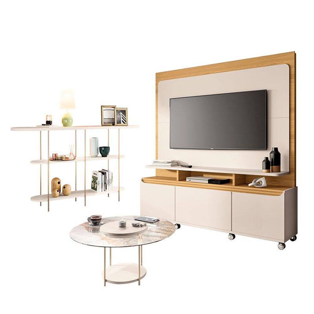Estante Home Theater Quantum Off White Cinamomo e Aparador Infinity e Mesa de Centro Sky com Tampo de Vidro Off White – HB Móveis