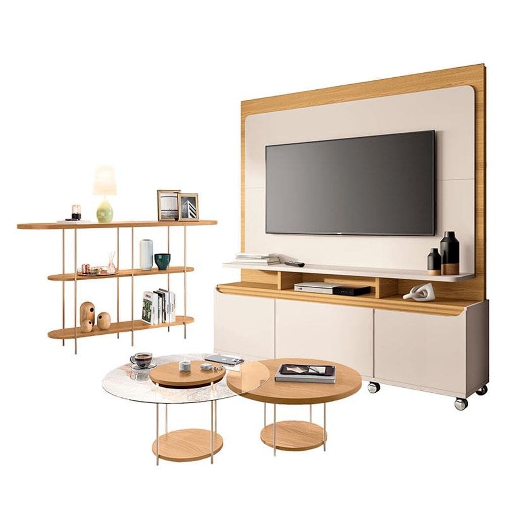 Estante Home Theater Quantum e Aparador Infinity e Kit Mesa de Centro Sky Off White Cinamomo– HB Móveis