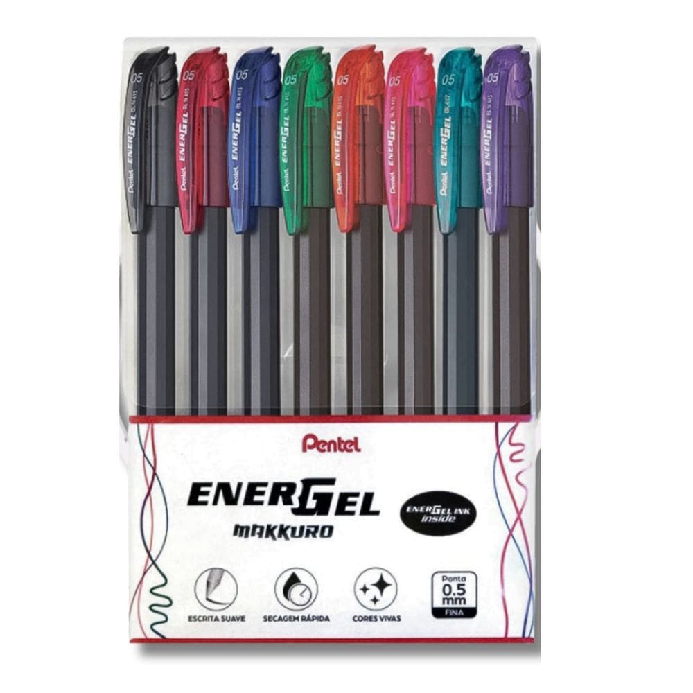 Kit Estojo 08 Canetas Gel PENTEL EnerGel Makkuro 0.5 mm | Escrita Macia | Ponta Fina