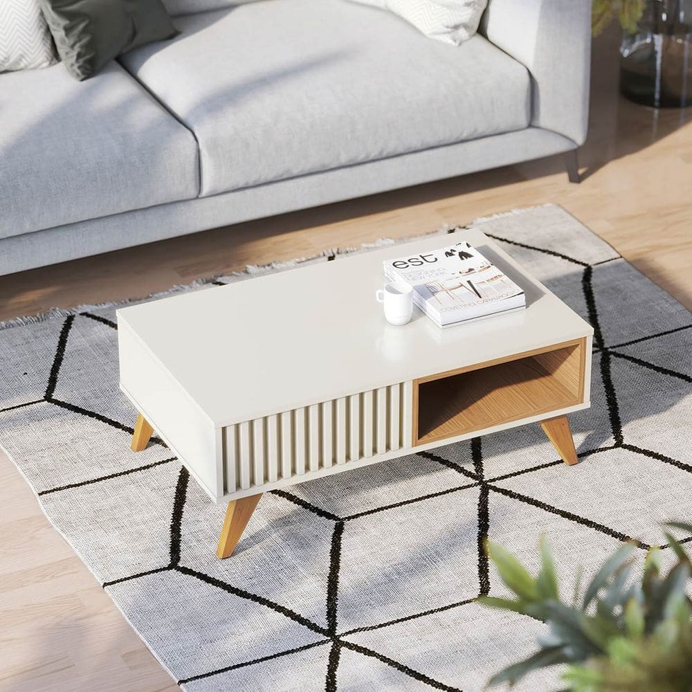Mesa De Centro Ripado 90x35cm Jeri Off White/Freijó