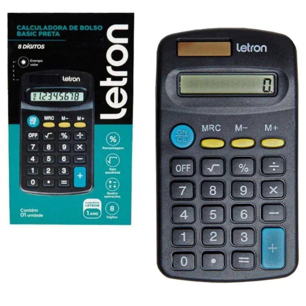 Calculadora De Bolso 8 Digitos Preta Basic Solar - Letron