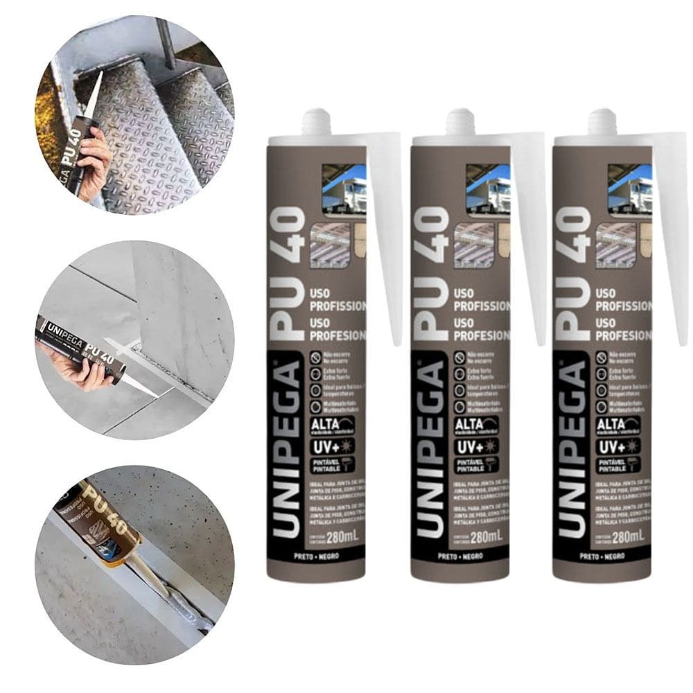 Kit 3 Cola Selante PU40 Poliuretano Preto 400g Profissional Adesivo Vedação Alta Resistência Madeira Vidro Metal