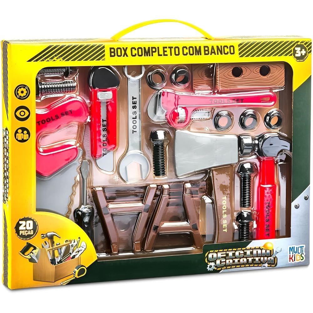 Brinquedo Oficina Criativa Box Ferramentas Completo Com Banco 20 Peças - Multikids
