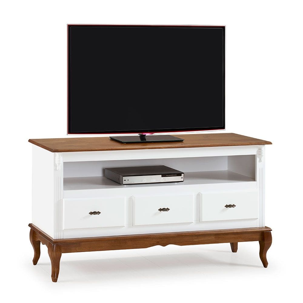 Rack para Sala com Pés Luis XV 60501 Linz Móveis 3 Gavetas e Nicho - Branco/Imbuia Glazer