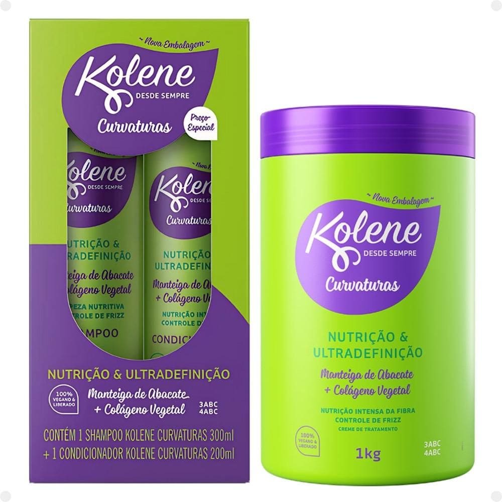 Kit Kolene Curvaturas Nutrição e Ultradefinição: Shampoo 300ml e Condicionador 200ml + Creme de Tratamento 1Kg