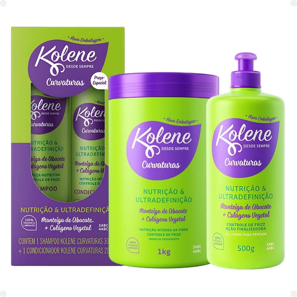 Kit Kolene Curvaturas Nutrição e Ultradefinição: Shampoo 300ml e Condicionador 200ml + Creme de Tratamento e Gel Creme 500g